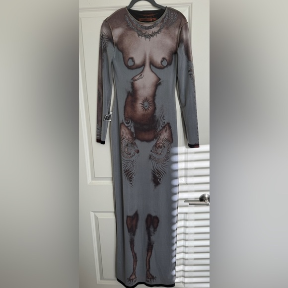 Jean Paul Gautier The Long Ebony Body Tattoo Dress Dark Nude Size S - Picture 16 of 16